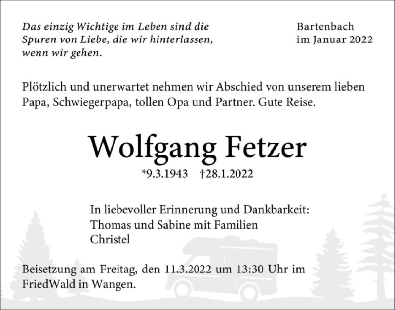  Traueranzeige für Wolfgang Fetzer vom 05.02.2022 aus NWZ Neue Württembergische Zeitung