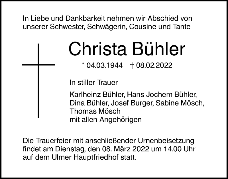  Traueranzeige für Christa Bühler vom 05.03.2022 aus SÜDWEST PRESSE Ausgabe Ulm/Neu-Ulm