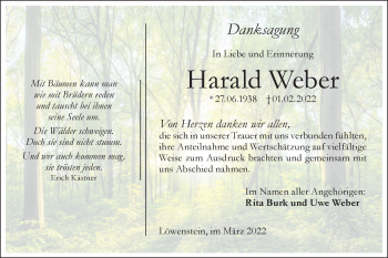 Traueranzeige von Harald Weber von Haller Tagblatt