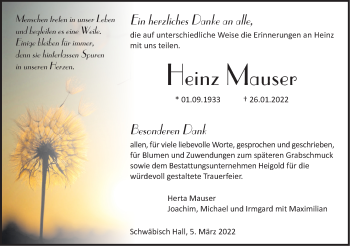 Traueranzeige von Heinz Mauser von Haller Tagblatt
