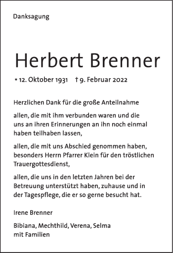 Traueranzeige von Herbert Brenner von SÜDWEST PRESSE Ausgabe Ulm/Neu-Ulm