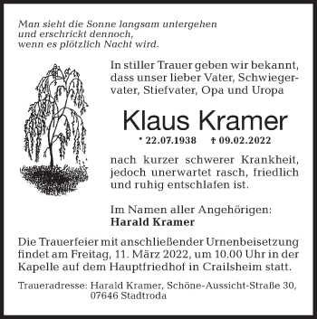 Traueranzeige von Klaus Kramer von Hohenloher Tagblatt