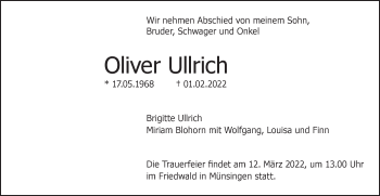 Traueranzeige von Oliver Ullrich von SÜDWEST PRESSE Ausgabe Ulm/Neu-Ulm