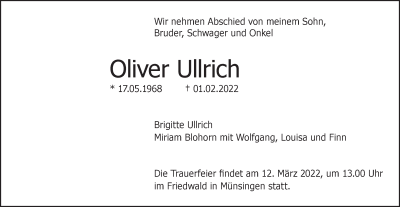  Traueranzeige für Oliver Ullrich vom 05.03.2022 aus SÜDWEST PRESSE Ausgabe Ulm/Neu-Ulm