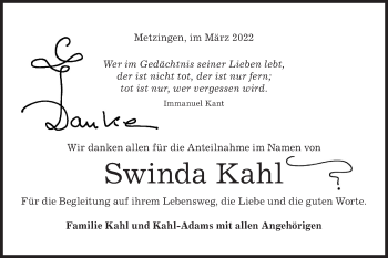 Traueranzeige von Swinda Kahl von Metzinger-Uracher Volksblatt