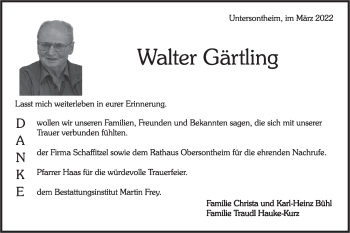 Traueranzeige von Walter Gärtling von Haller Tagblatt