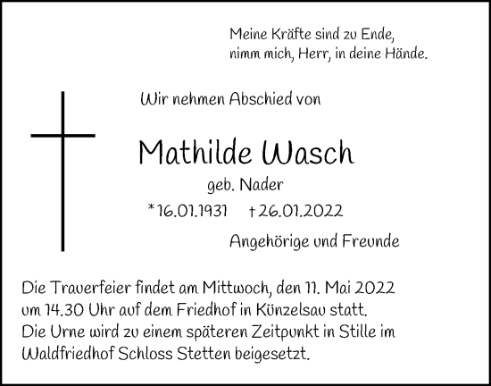 Traueranzeige von Mathilde Wasch von Haller Tagblatt