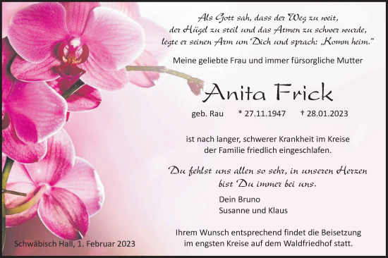 Traueranzeige von Anita Frick von Haller Tagblatt