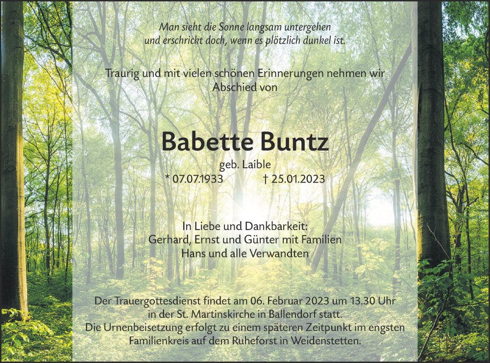  Traueranzeige für Babette Buntz vom 28.01.2023 aus SÜDWEST PRESSE Ausgabe Ulm/Neu-Ulm