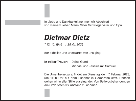 Traueranzeige von Dietmar Dietz von Hohenloher Tagblatt