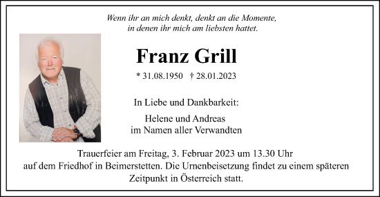 Traueranzeige von Franz Grill von SÜDWEST PRESSE Ausgabe Ulm/Neu-Ulm