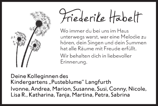 Traueranzeige von Friederike Habelt von Hohenloher Tagblatt