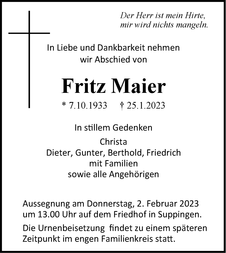  Traueranzeige für Fritz Maier vom 30.01.2023 aus SÜDWEST PRESSE Ausgabe Ulm/Neu-Ulm