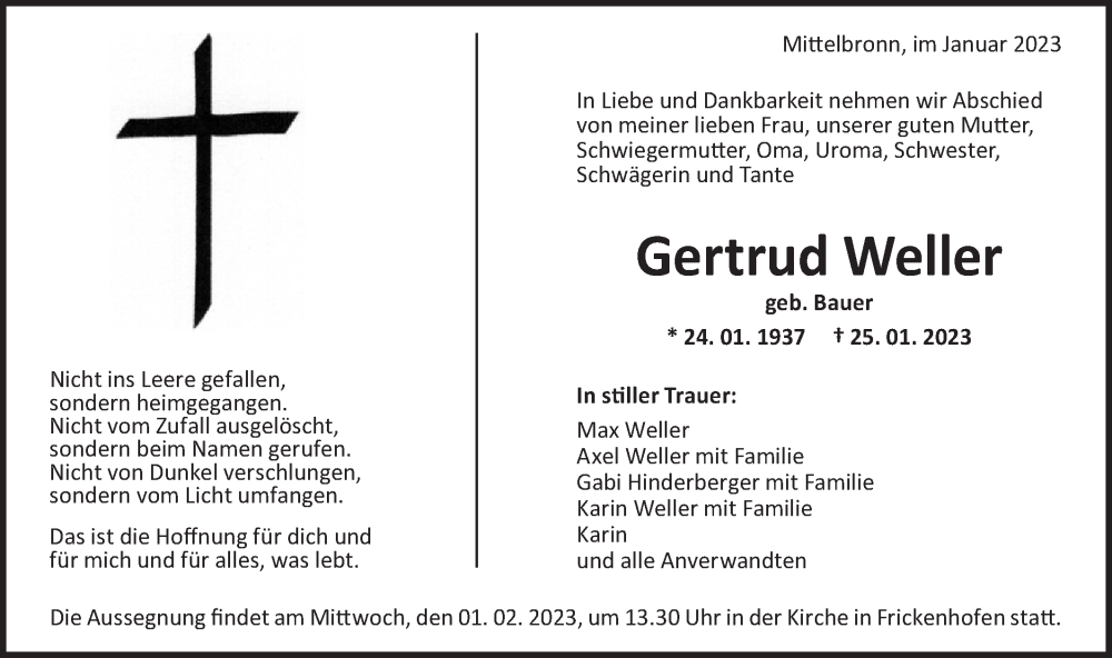  Traueranzeige für Gertrud Weller vom 30.01.2023 aus Rundschau Gaildorf