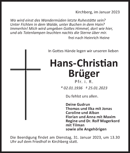 Traueranzeige von Hans-Christian Brüger von Hohenloher Tagblatt