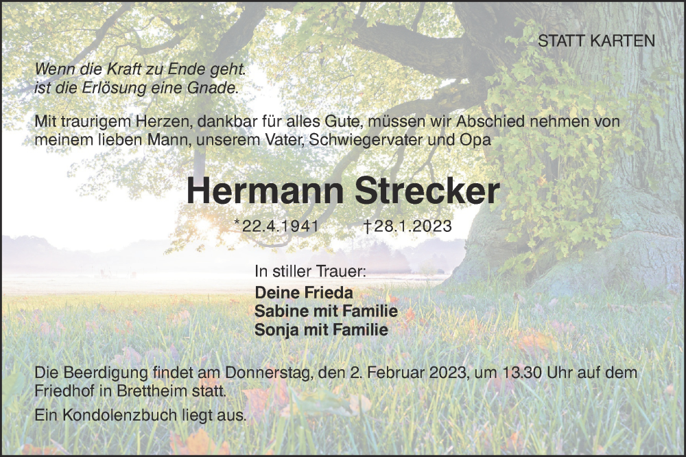  Traueranzeige für Hermann Strecker vom 31.01.2023 aus Hohenloher Tagblatt