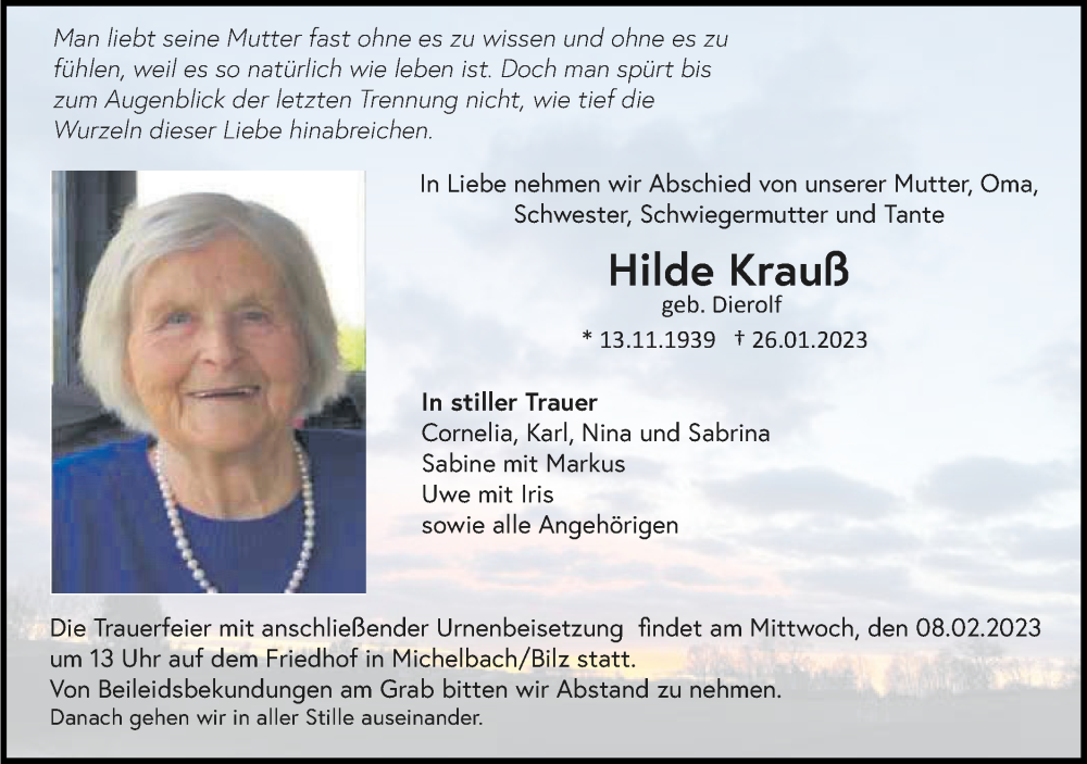  Traueranzeige für Hilde Krauß vom 01.02.2023 aus Haller Tagblatt