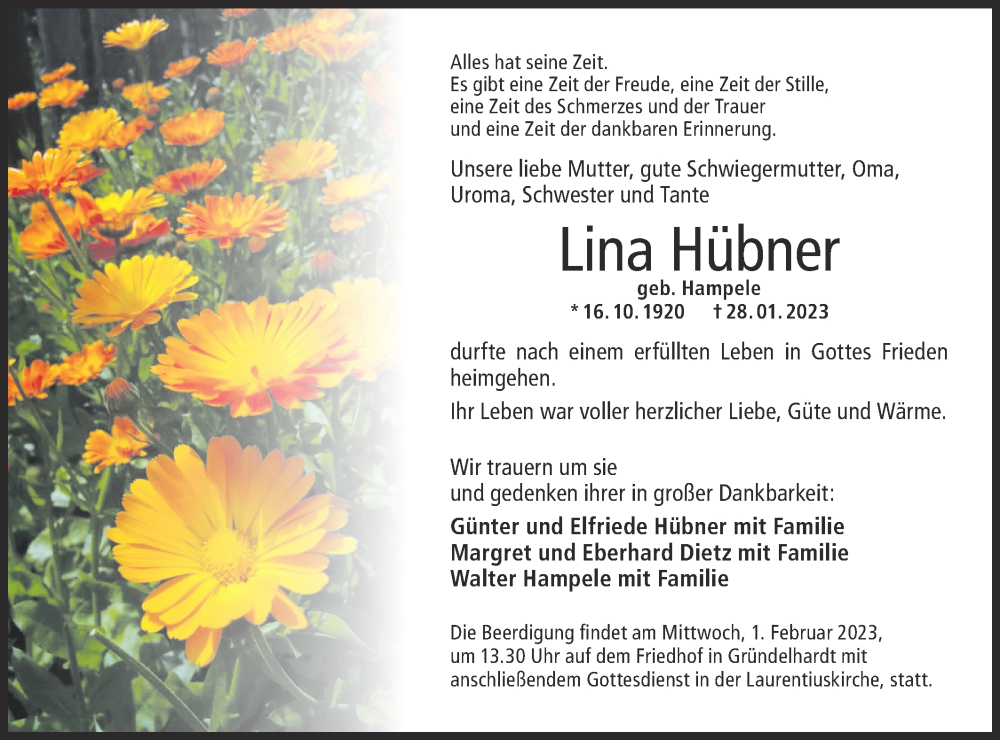  Traueranzeige für Lina Hübner vom 31.01.2023 aus Hohenloher Tagblatt