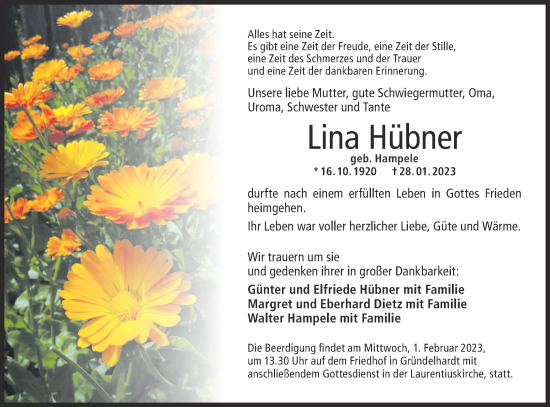 Traueranzeige von Lina Hübner von Hohenloher Tagblatt