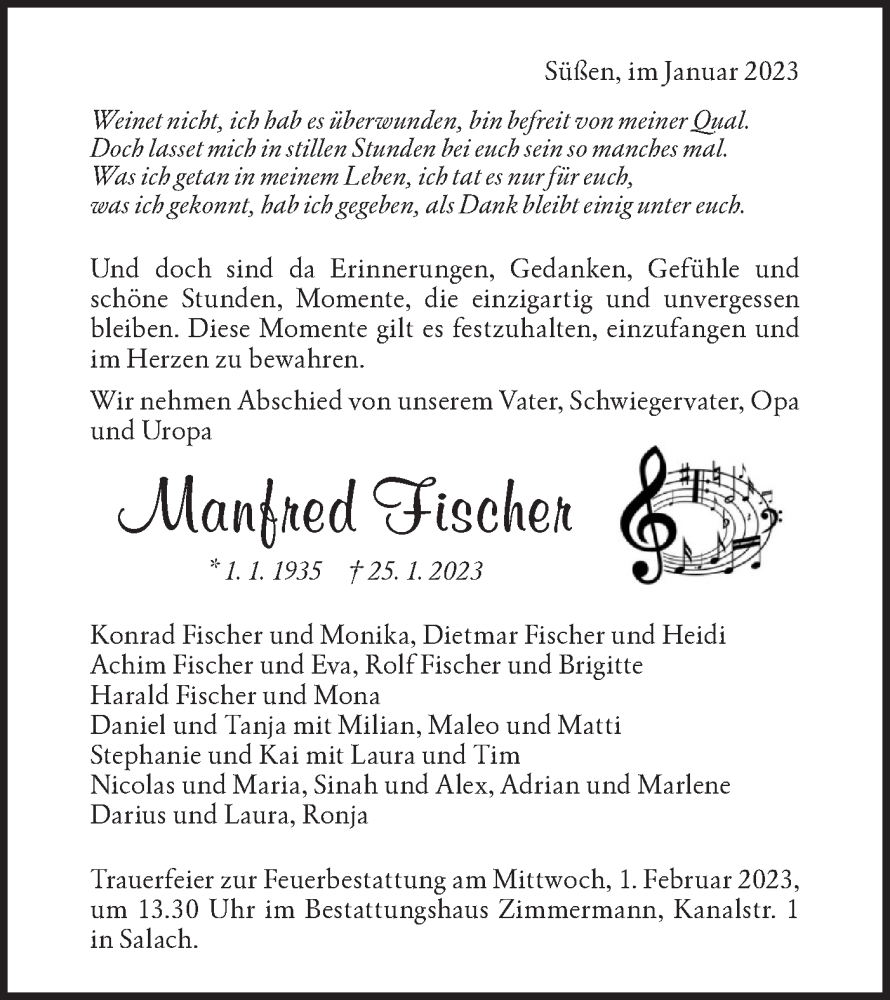  Traueranzeige für Manfred Fischer vom 28.01.2023 aus NWZ Neue Württembergische Zeitung/Geislinger Zeitung