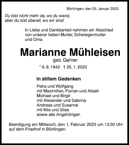 Traueranzeige von Marianne Mühleisen von NWZ Neue Württembergische Zeitung