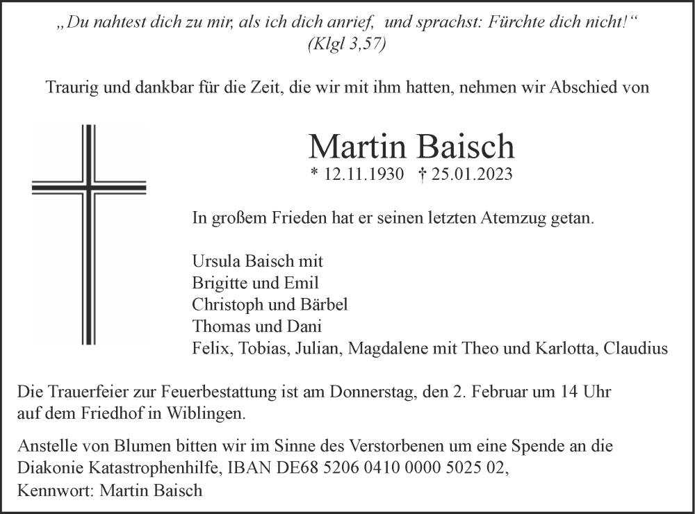  Traueranzeige für Martin Baisch vom 28.01.2023 aus SÜDWEST PRESSE Ausgabe Ulm/Neu-Ulm