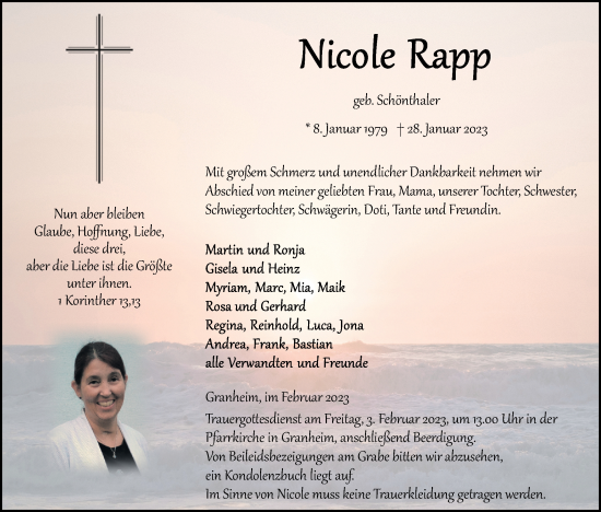 Traueranzeige von Nicole Rapp von Ehinger Tagblatt