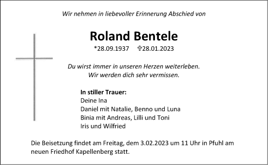 Traueranzeige von Roland Bentele von SÜDWEST PRESSE Ausgabe Ulm/Neu-Ulm
