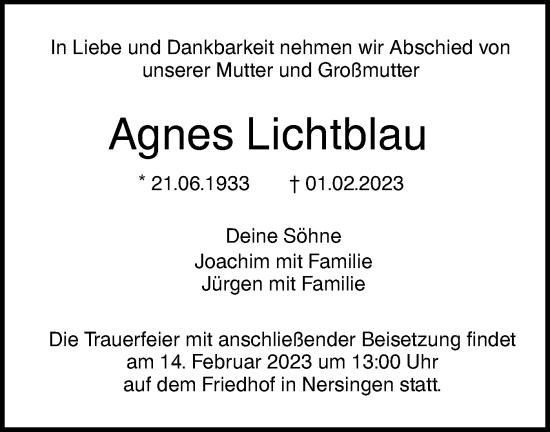 Traueranzeige von Agnes Lichtblau von SÜDWEST PRESSE