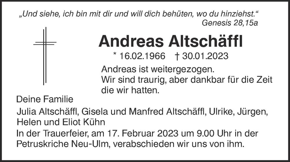  Traueranzeige für Andreas Altschäffl vom 11.02.2023 aus SÜDWEST PRESSE Ausgabe Ulm/Neu-Ulm