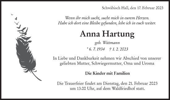 Traueranzeige von Anna Hartung von Haller Tagblatt
