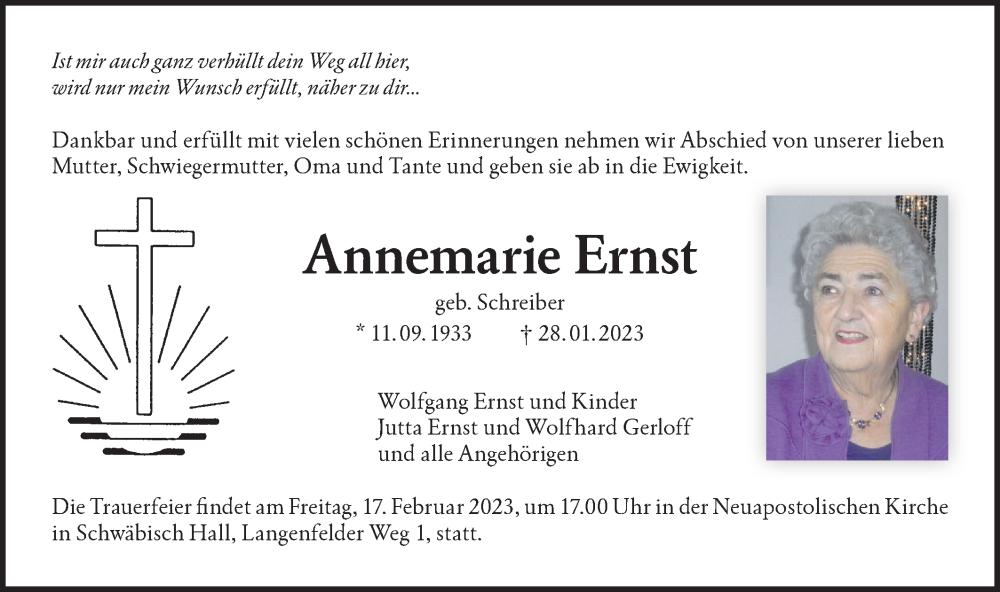  Traueranzeige für Annemarie  Ernst vom 15.02.2023 aus Haller Tagblatt