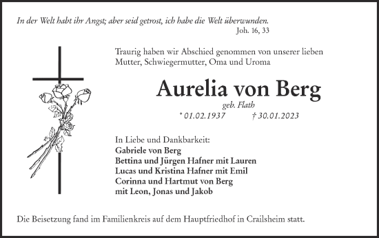 Traueranzeige von Aurelia von Berg von Hohenloher Tagblatt