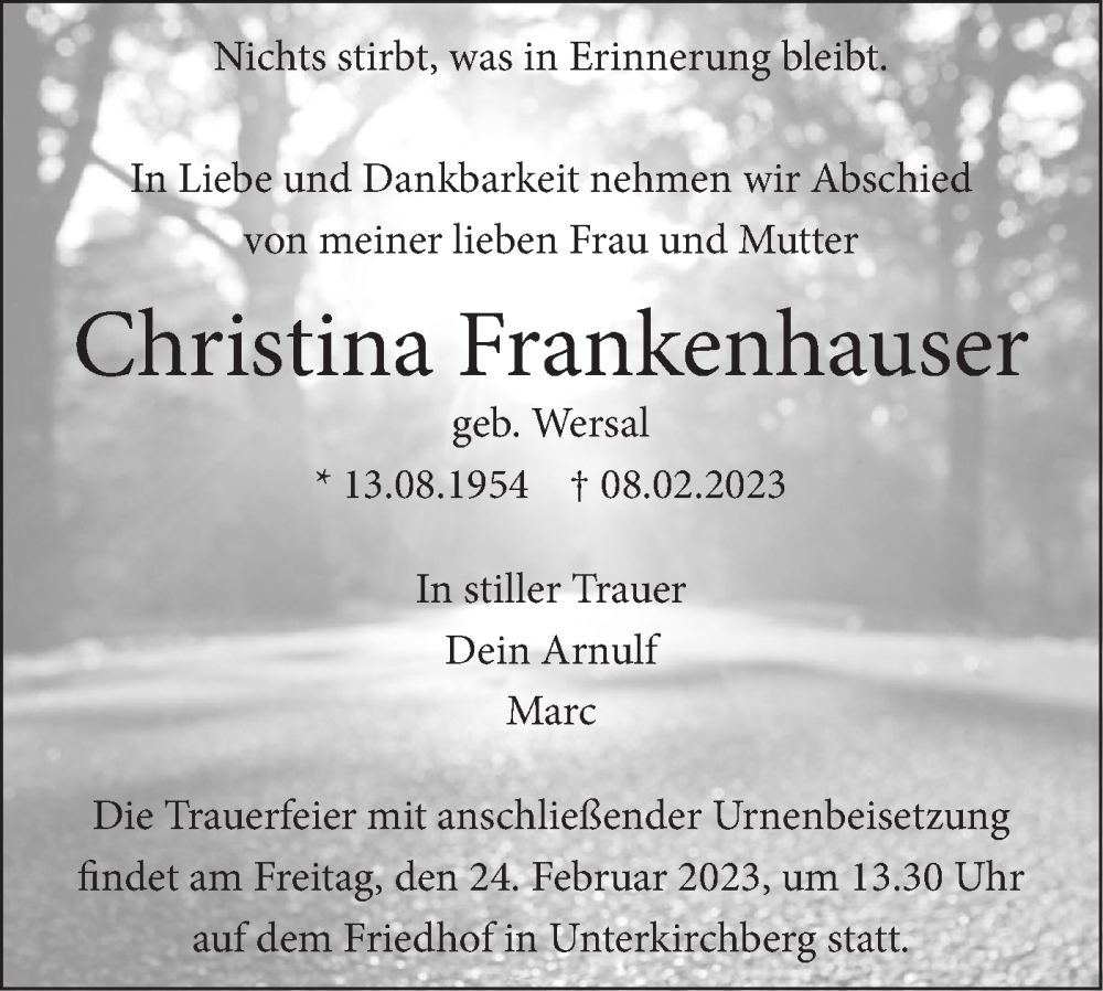  Traueranzeige für Christina Frankenhauser vom 18.02.2023 aus SÜDWEST PRESSE Ausgabe Ulm/Neu-Ulm