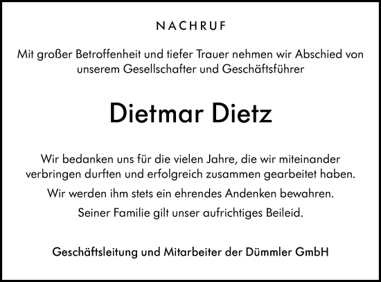 Traueranzeige von Dietmar Dietz von Hohenloher Tagblatt