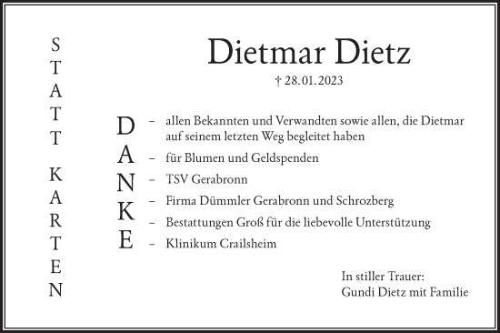 Traueranzeige von Dietmar Dietz von Hohenloher Tagblatt