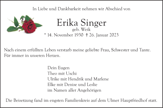 Traueranzeige von Erika Singer von SÜDWEST PRESSE Ausgabe Ulm/Neu-Ulm