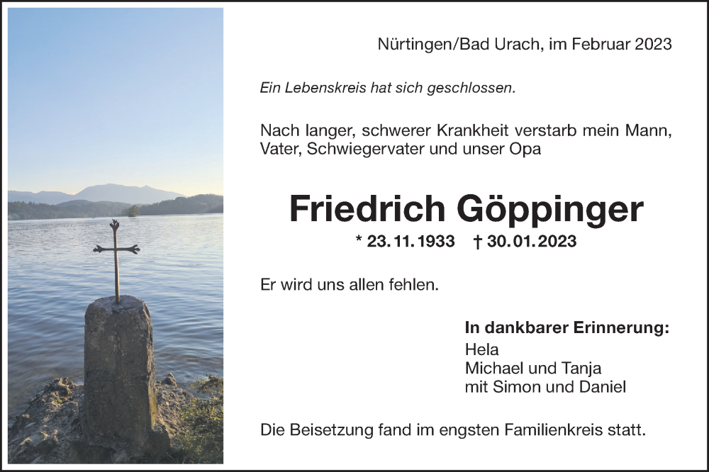  Traueranzeige für Friedrich Göppinger vom 11.02.2023 aus Metzinger-Uracher Volksblatt