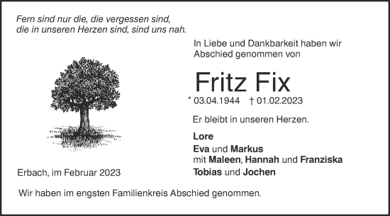 Traueranzeige von Fritz Fix von SÜDWEST PRESSE Ausgabe Ulm/Neu-Ulm