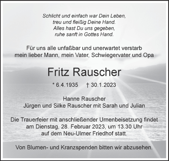 Traueranzeige von Fritz Rauscher von SÜDWEST PRESSE Ausgabe Ulm/Neu-Ulm