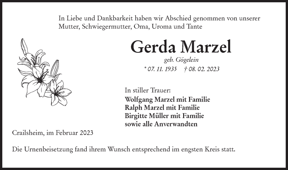  Traueranzeige für Gerda Marzel vom 24.02.2023 aus Hohenloher Tagblatt