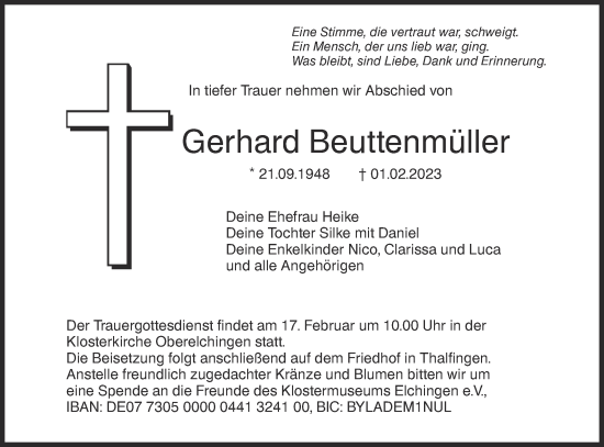 Traueranzeige von Gerhard Beuttenmüller von SÜDWEST PRESSE Ausgabe Ulm/Neu-Ulm