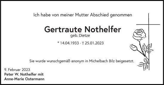 Traueranzeige von Gertraute Nothelfer von Haller Tagblatt