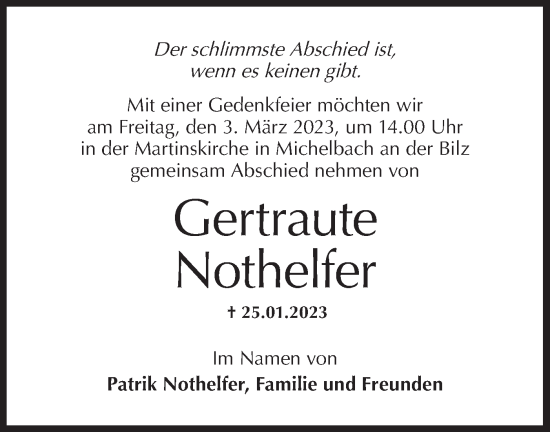 Traueranzeige von Gertraute Nothelfer von Haller Tagblatt