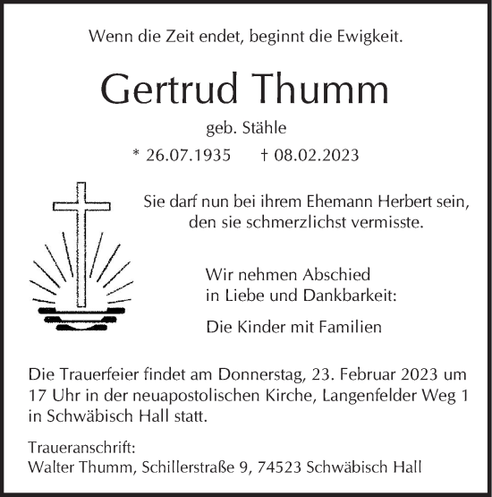Traueranzeige von Gertrud Thumm von Haller Tagblatt