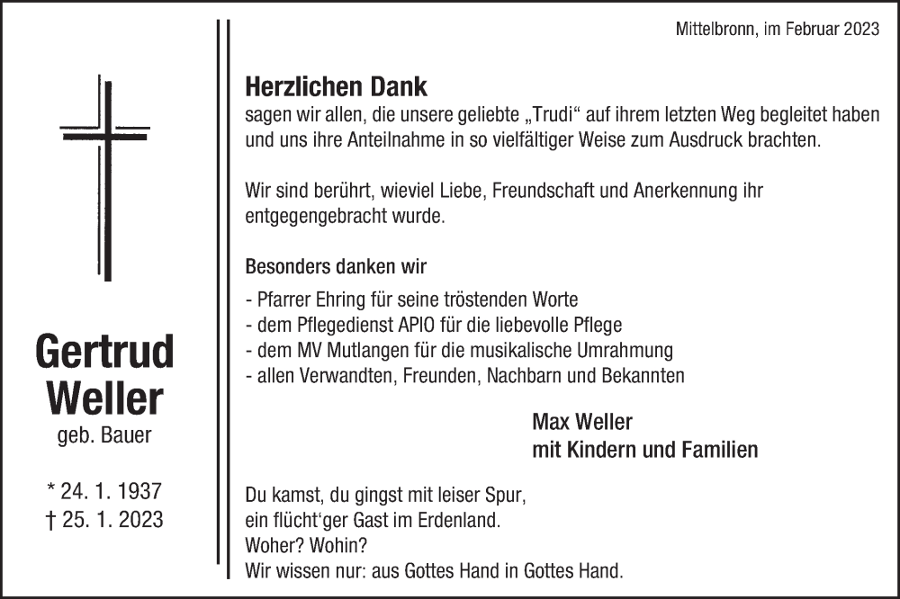  Traueranzeige für Gertrud Weller vom 22.02.2023 aus Rundschau Gaildorf