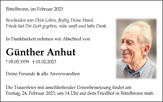 Traueranzeige von Günther Anhut von Metzinger-Uracher Volksblatt