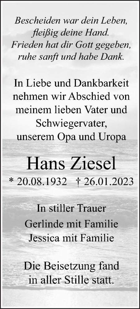 Traueranzeige von Hans Ziesel von SÜDWEST PRESSE Ausgabe Ulm/Neu-Ulm