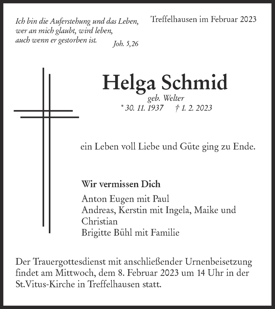  Traueranzeige für Helga Schmid vom 04.02.2023 aus NWZ Neue Württembergische Zeitung/Geislinger Zeitung