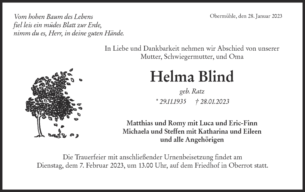  Traueranzeige für Helma Blind vom 04.02.2023 aus Rundschau Gaildorf